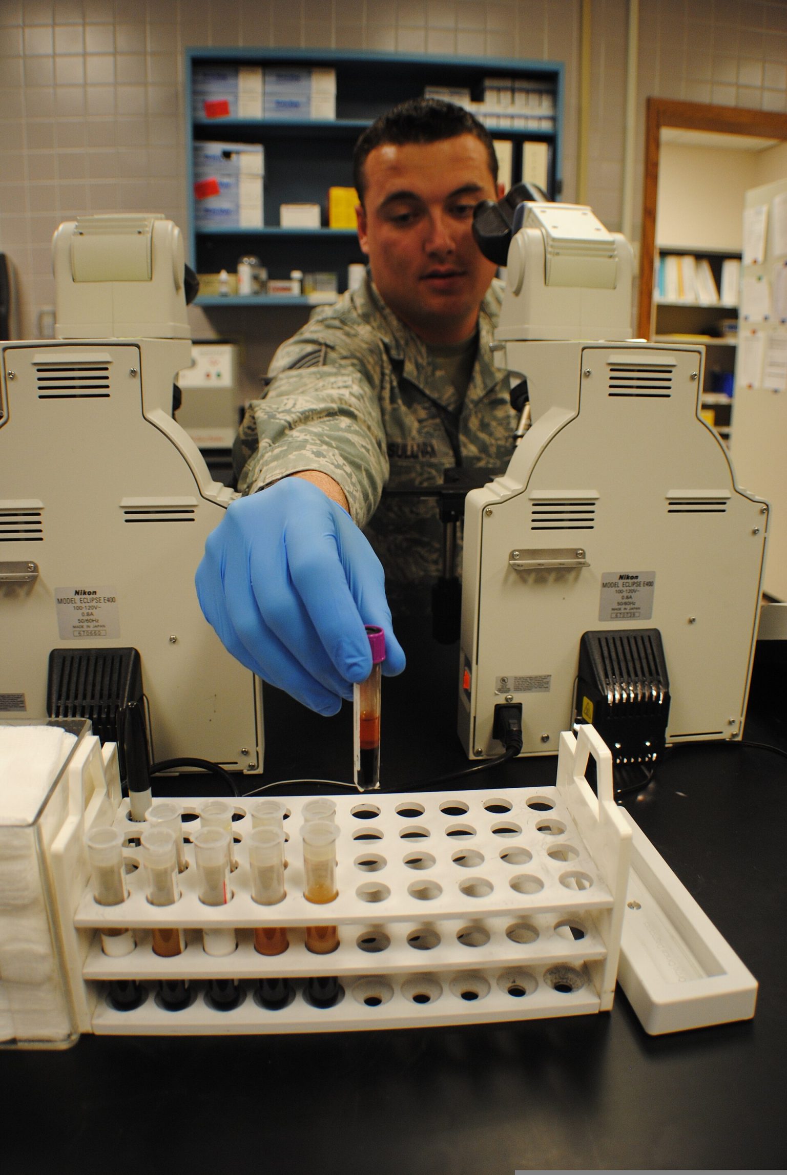 Laboratory technician analysing blood samples