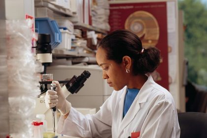 Researcher using pipettes in a laboratory