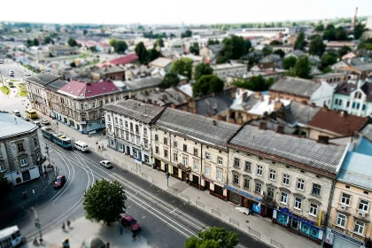An aerial view of a suburban neighbourhood of family homes